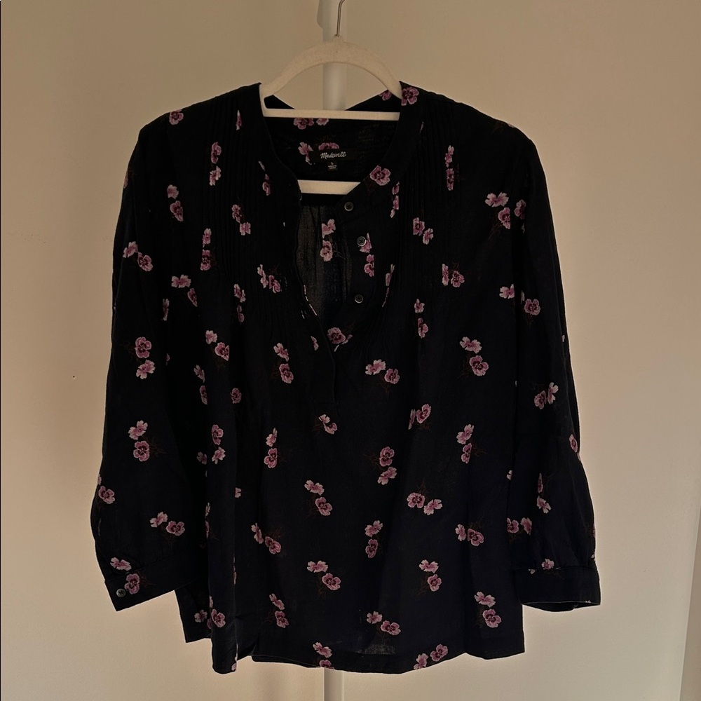 Blue Floral Button-Neck Women's Top